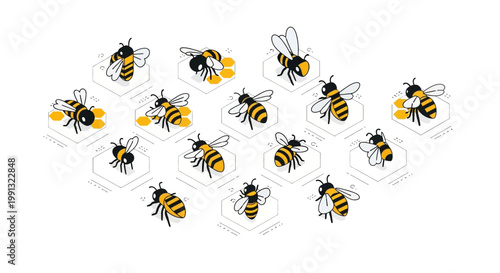 Isometric illustration of honey bees arranged on a honeycomb pattern against a white background, presented with a clean, minimalist style and conveying a sense of natural organization