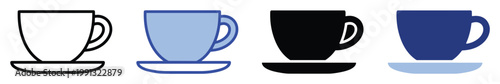Versatile minimalist coffee tea cup icons with saucers in various styles ideal for menus or web applications