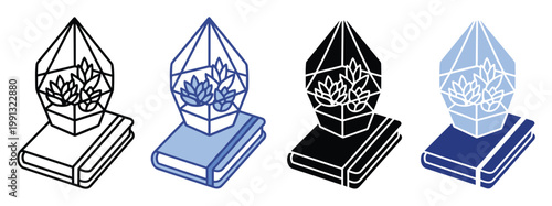 Stylized terrarium featuring succulent plants on a book, suitable for botanical educational materials or serene home office concepts.