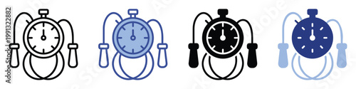 Essential fitness equipment vector icons featuring a stopwatch and jump rope for tracking workouts and promoting active health.