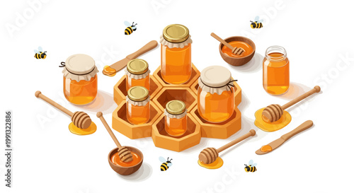 Overhead shot of various glass jars filled with golden honey and wooden honey dippers arranged around a honeycomb, set against a clean white background in a bright, cheerful composition