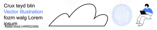 Cloud storage, digital identity, data protection, cybersecurity, authentication, and remote work. Outline of a cloud, fingerprint icon and a person using a laptop. Cloud storage and digital identity