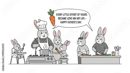 Family Cooking for Father's Day: A heart-warming illustration of a rabbit family preparing a meal together, emphasizing togetherness and love in a Father's Day celebration. 