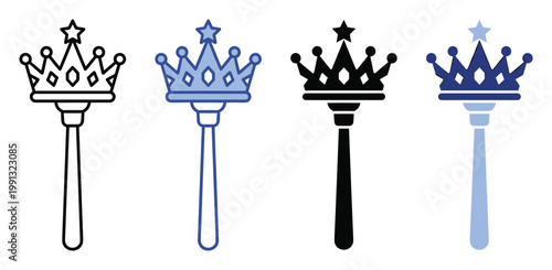 Stylized royal scepter with a startopped crown symbol in diverse outline and solid graphic styles ideal for enchanting stories and leadership emblems