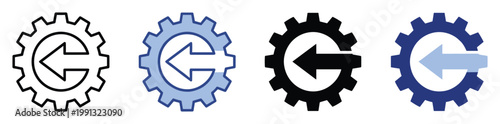 Gear with left arrow icon set for return and previous functionality in application interfaces and systems