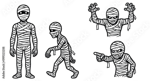Collection of Monochromatic Mummy Character Poses in a Grid