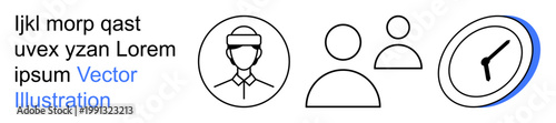 Teamwork, time management, collaboration, productivity, work efficiency, scheduling. Minimal icons of people, a professional avatar and a clock. Teamwork and time management concepts