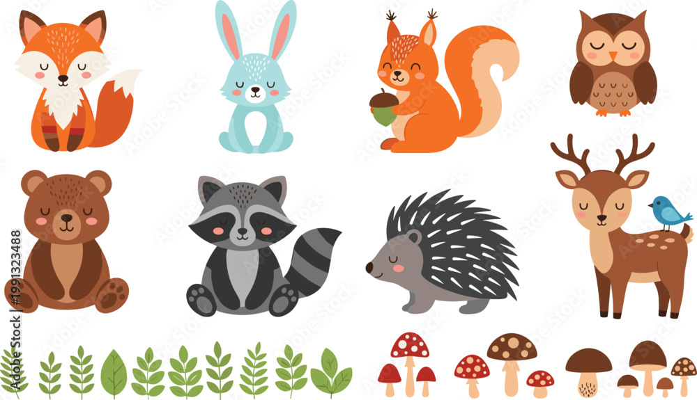 Naklejka premium Adorable woodland forest animal collection featuring fox rabbit squirrel owl bear raccoon hedgehog and deer with mushrooms and green leaf foliage