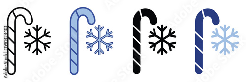 Sweet candy cane and delicate snowflake icons for winter holiday greetings and festive seasonal promotions