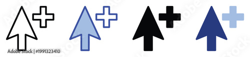 Arrow up and plus sign icon collection representing data upload or new content addition for various digital interface applications