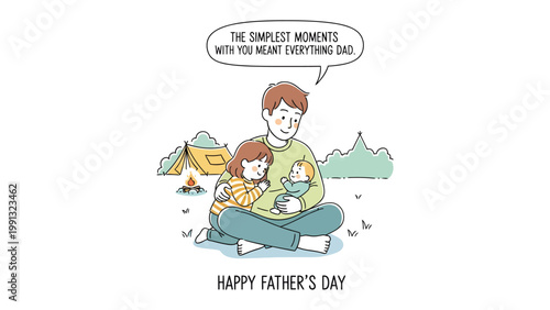 Father's Day Illustration: A touching illustration of a father seated with his children during a heartwarming camping experience, encapsulating the bond and appreciation on Father's Day.