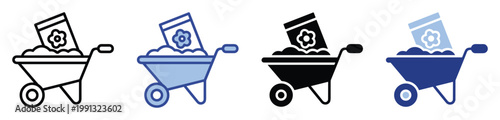 Wheelbarrow filled with soil and flower seed packet icon for spring gardening and planting applications