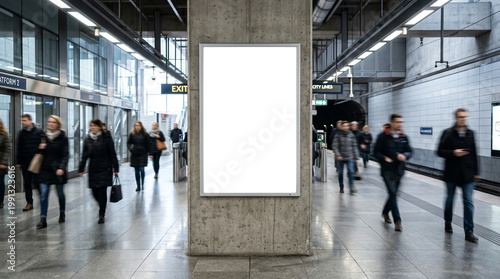 Blank billboard sign in a busy subway station with blurred commuters walking past, ideal for advertising