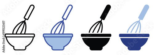 Kitchen whisk and bowl icons representing baking ingredients mixing for food service and home cooking web resources