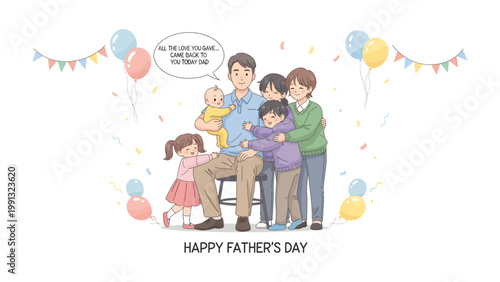 Cherished Father's Day: A tender illustration depicts a father surrounded by his children, a heart-warming scene of love and family. This visual resonates with the values of care and kinship.