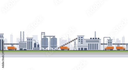 Industrial factory complex with silos and trucks for manufacturing and production.