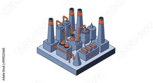 Industrial Factory Complex with Smokestacks and Pipelines.