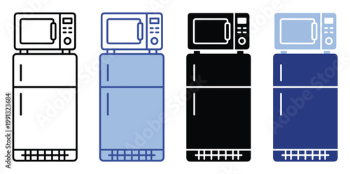 Modern kitchen appliances icon collection featuring microwave oven and refrigerator for household graphics and apps