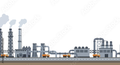 Industrial factory complex with smoking chimneys and various structures.