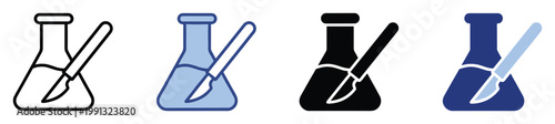 Medical laboratory flask with surgical scalpel icon for scientific research and healthcare applications