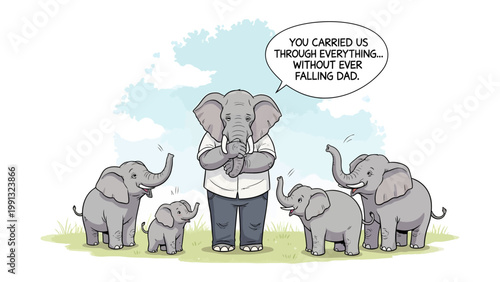 Family Bonds: A heartwarming cartoon portrays an elephant dad surrounded by his children, a testament to the strength and devotion of a father's love.