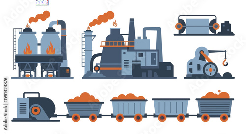Industrial factory production line with coal mining and processing facilities.