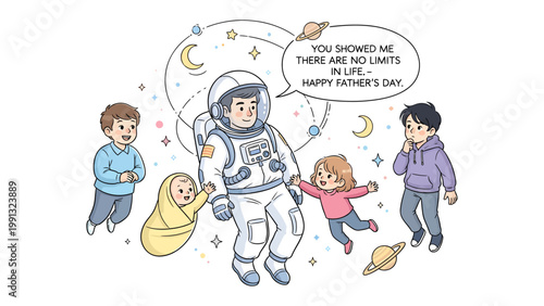 Cosmic Father's Day: An astronaut, embodying the vastness of space and fatherhood, surrounded by his children, a heartwarming illustration celebrating the boundless love between a parent and child.