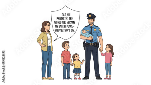Father's Day with a police officer family: This heartwarming illustration shows a dedicated police officer embracing his role as a loving father.