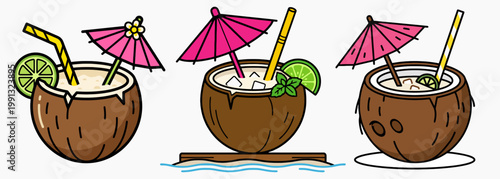 Refreshing Coconut Cocktails Set with Umbrellas, Limes, Straws