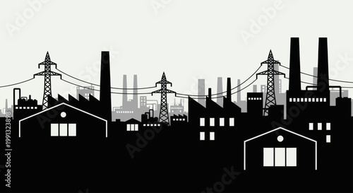 Industrial Factory Skyline Silhouette with Power Lines and Smokestacks.