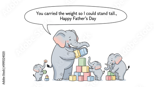 Father's Day Cartoon: A heartwarming cartoon featuring a family of elephants, expressing love and appreciation, with the father building blocks for his children.
