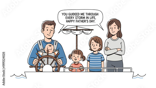 Father's Day: A heartfelt tribute to fathers everywhere, this touching illustration portrays a family sailing together on a ship of love, sharing a message of gratitude and appreciation.