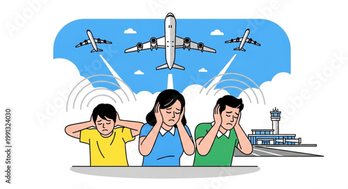People covering ears from airplane noise near airport.