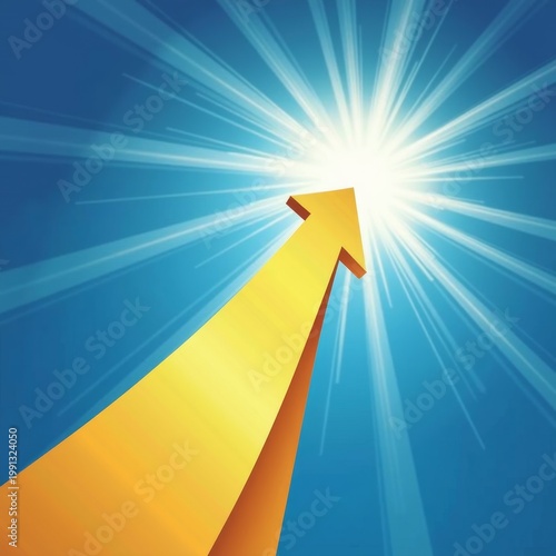 Golden Arrow Pointing Upwards Toward Bright Sunlight and Sky