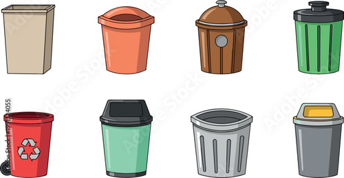 Collection of colorful trash cans and recycling bins in different shapes and materials isolated on white background vector set