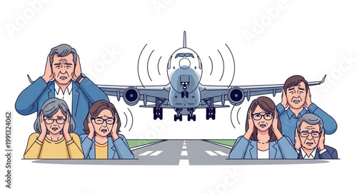 People covering ears from airplane noise on runway.