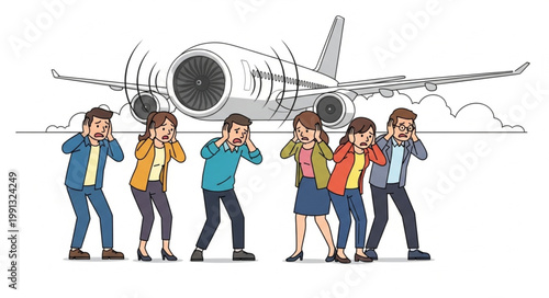 People covering ears from loud airplane engine noise.