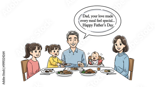 Father's Day Feast: An illustration capturing a heartwarming Father's Day scene, a family gathers around a table laden with food, celebrating their father with words of love and appreciation.