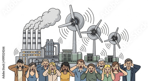 People covering ears from industrial noise pollution.