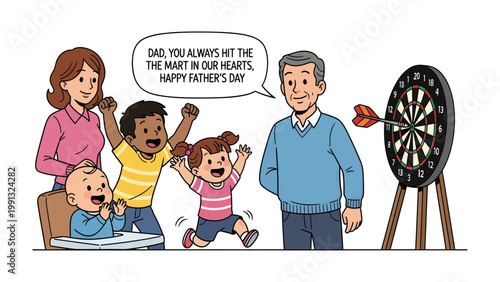 Father's Day Dart Throw: A heartwarming scene unfolds as a father is the focus, celebrates the joyous bond between family, with darts thrown into the bullseye on a dartboard.