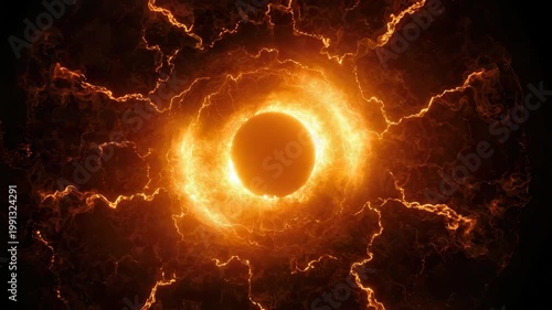 Molten sun core and fiery glowing orb with swirling plasma ring flare fire vortex energy