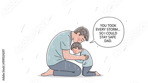 A Father's Unwavering Shelter: A tender moment unfolds as a father lovingly embraces his child in a gentle rain. A speech bubble carries a message of gratitude and appreciation.