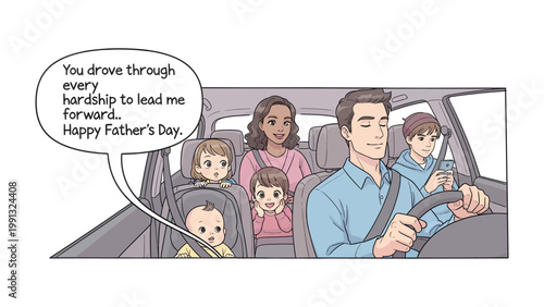 Happy Father's Day Car Ride: A heartwarming scene unfolds as a family embarks on a car ride, with a father at the wheel and his loved ones. The speech bubble conveys a message of appreciation. 