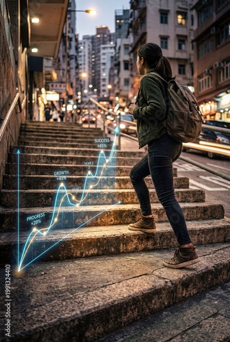 Person Climbing Steps with Glowing Growth Chart Success Progress Concept