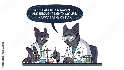 Father's Day in the Lab: A heartwarming cartoon illustration depicts a bat family celebrating Father's Day within a laboratory setting, evoking sentiments of familial love, appreciation.