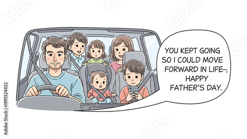 Family's Road Trip: A heartwarming illustration captures a family's togetherness during a road trip. with the father driving and everyone in the car smiling.