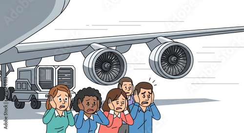 People covering ears from loud airplane engine noise.