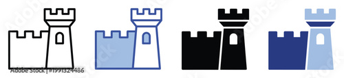 Versatile castle and fortress icon collection in outline, solid, and dual tone variations perfect for gaming, education, and UI UX design.