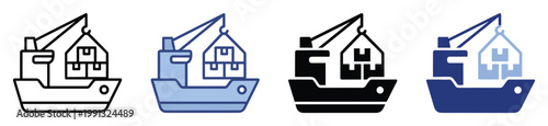 Maritime cargo ship icon with crane loading freight, representing global logistics and supply chain processes.