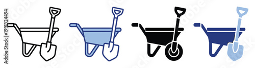 Utility wheelbarrow and shovel tools pictogram collection for gardening work and construction industry graphic assets